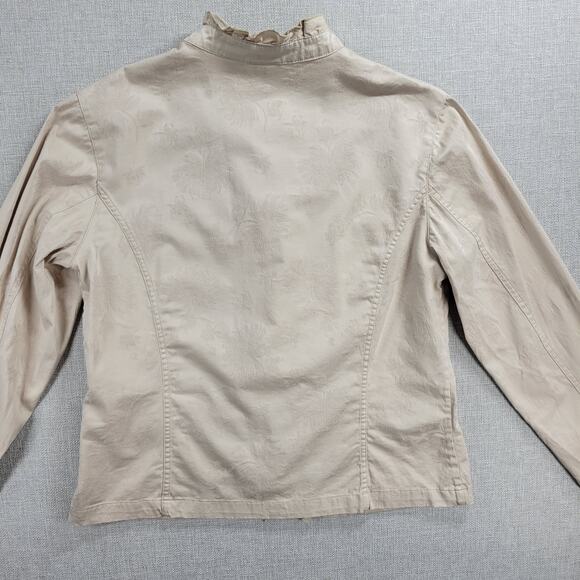 Chico's Womens Jacket Size 1 Beige Mock Neck Button Up Ruffled Trim Long Sleeve - Picture 16 of 16